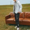 Jachetă cu glugă și fermoar, culoare solidă „Negru Gri Alb”