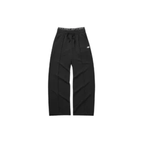 Pantaloni casual cu talie elastică, croi drept și picior larg „Gri Negru”